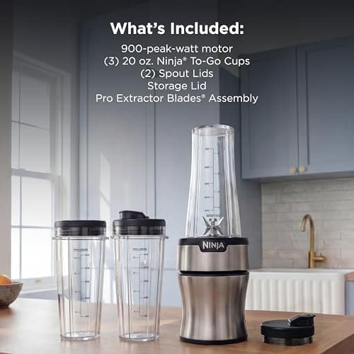 Ninja Nutri-Plus Personal Blender | Compact Push to Blend | Make Frozen Drinks, Smoothies, Sauces & More | With (3) 20 oz. To-Go Cups, (2) Spout-Lids & (1) Storage-Lid | 900 Peak Watt | Silver | BN301 — view 6