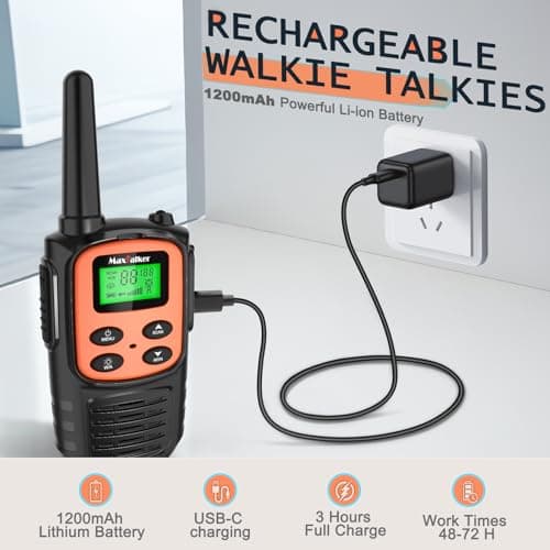 Walkie Talkies Long Range for Adult, MT10 Rechargeable Walkie Talkies FRS Two Way Radio, NOAA, 1200mAh Li-ion Battery USB-C Cable, LED Flashlight, VOX Walkie Talkie for Hiking Camping 2Pack — view 2