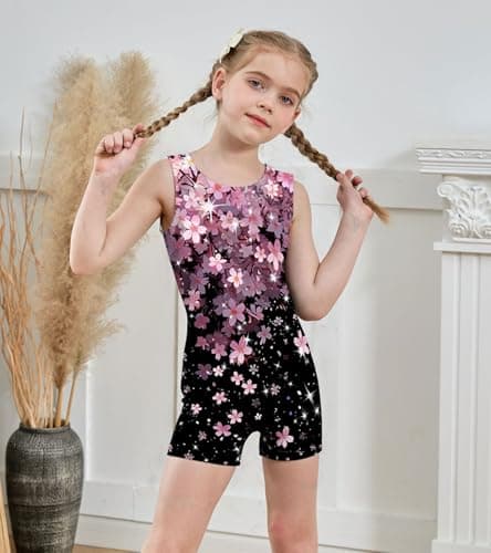 ACOCOPY Girls Leotards for Gymnastics Flower Print Biketards Unitard with Shorts Quick Dry Black Outfits Size 8-9 — view 2