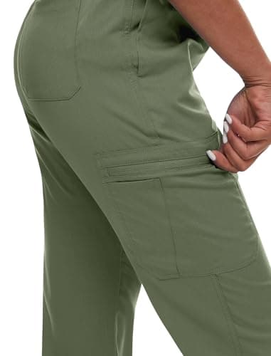 niaahinn Women's Scrub Top with Classic V-Neck & Yoga Jogger Pants Medical Nursing Uniform Set, Olive Green, Small — view 4