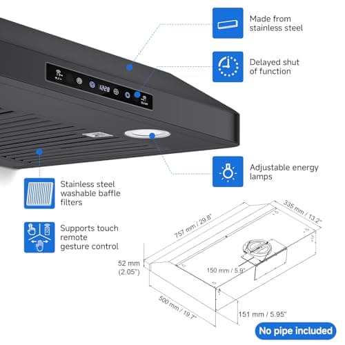 AMZCHEF Under Cabinet Range Hood 30 Inch, 750CFM Stainless Steel Kitchen Stove Vent Hood 3 Speed Exhaust Fan Touch/Remote/Gesture Control LED lights Time Setting Dishwasher-Safe Baffle Filters-Black — view 2
