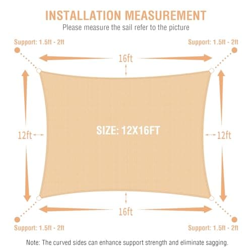 Duerer Sun Shade Sail Canopy 12'W x 16'L Rectangle, 95% UV Block, Permeable 185GSM Sail Shade Cover for Patio, Garden, Pergola, Backyard, Outdoor Facility & Activities -Sand — view 3