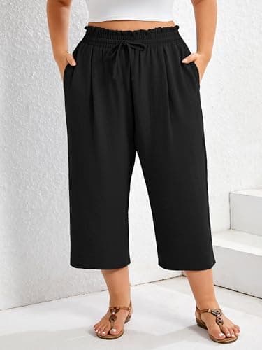 AusLook Plus Size Capri Wide Leg Black 2X Pants for Women with Pockets High Waisted Elastic Drawstring Summer Casual Flowy Straight Lounge Beach Cropped Trousers — view 2
