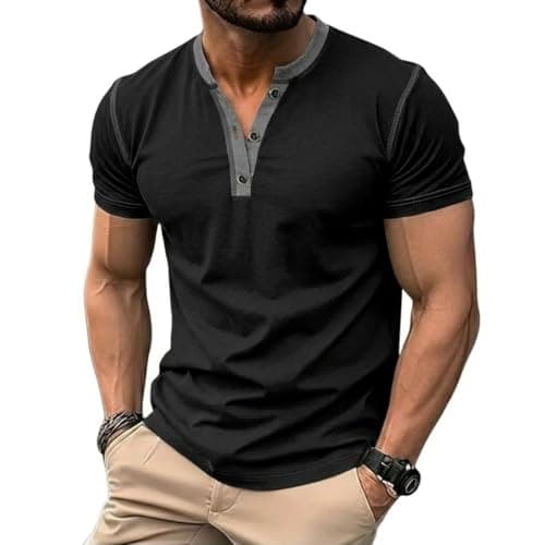 Rela Bota Mens Henley Shirts Short Sleeve Casual Summer T-Shirt Cotton Classic Crewneck Button Tees Muscle Slim Fit Tops Black