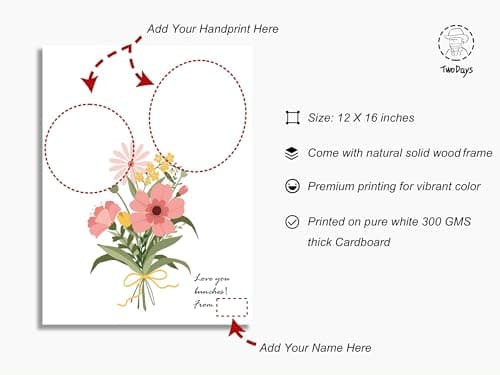 TwoDays Flower Bouquet Handprint Art Craft DIY Kit, Unique Gifts for Mom From Daughter or Son for Mother's Day Birthday Christmas, Gift for Grandma.(12" X 16", With Wood Frame) — view 3