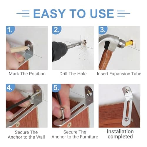 12 Pack Baby Proofing Anti Tip Furniture Anchors Kit - Heavy Duty Steel Wall Anchors for Dresser, Cabinet, Bookcase, Earthquake Safety & Pet Proofing in Nursery, Living Room（Silver） — view 4