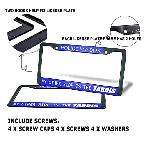 HOSNYE Police Box Police Call License Plate Frame Black 2 Pcs My Other Ride is The Tardis Blue Metal Cute Licenses Plates Frames Licenses Plate Covers Car Tag Frame for Women Men US Vehicles — view 2
