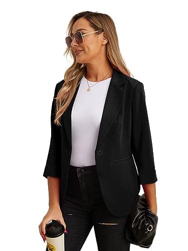 GRECERELLE Blazers for Women Lightweight Suit Jackets 3/4 Sleeve Casual Work Office Blazer Jacket with Pockets Black-6 — view 6