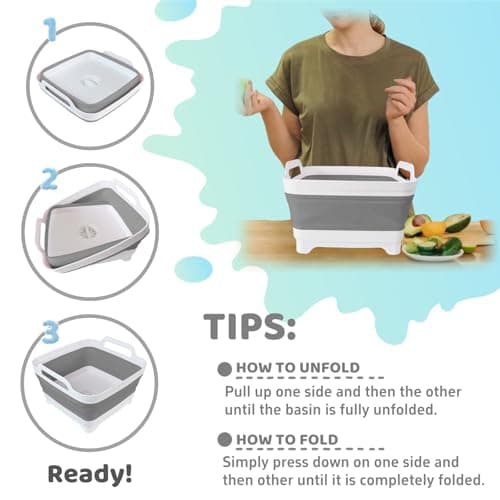 GIMWA Collapsible Wash Basin with Drain Plug - 2.4 Gallon Foldable Kitchen Sink for Baby Bottles, RV Camping, Space-Saving Dish Tub (Gray) — view 3