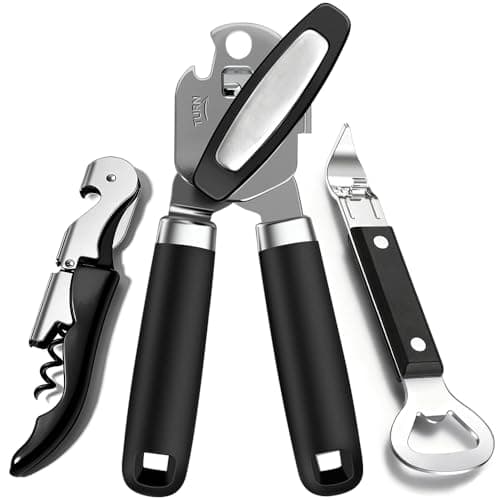 3PCS Can Opener Manual & Bottle Opener & Wine Opener, Smooth Edge Can Openers with Strong Magnet, Heavy Duty Stainless Steel Abrelatas Handheld Waiter Corkscrew - Premium Kitchen Supplies (Black)
