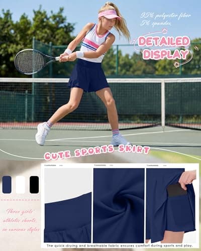 LessonZoo 3 Pack Girls Athletic Shorts Flowy 2 in 1 Skorts Quick Dry Tennis Shorts with Pockets, Back to School Sports Wear(Black, White, Navy Blue,11-12 Years) — view 4