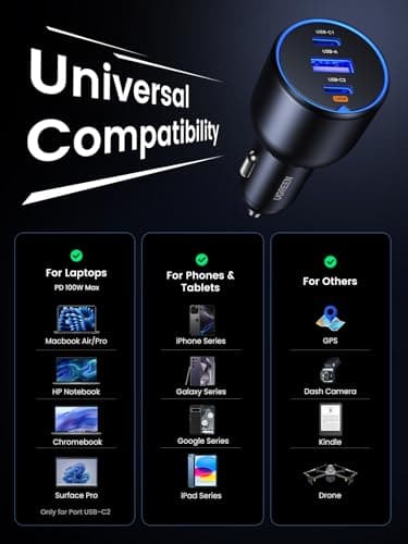 UGREEN 130W Car Charger USB C Fast Charger (with 100W USB C Cable) PD3.0 QC4.0 PPS Fast Charging Car Adapter Compatible with, MacBook, iPhone 17 16 15 14 Pro Max, Galaxy S25 S24 Ultra, iPad — view 5