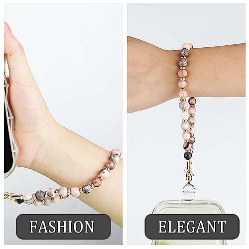 Phone Lanyard Wrist Strap, Stone Beaded Phone Wrist Strap with 2pcs Tether Tabs, Detachable Bracelet Phone Strap Chain for Women Girls (Pink) — view 4