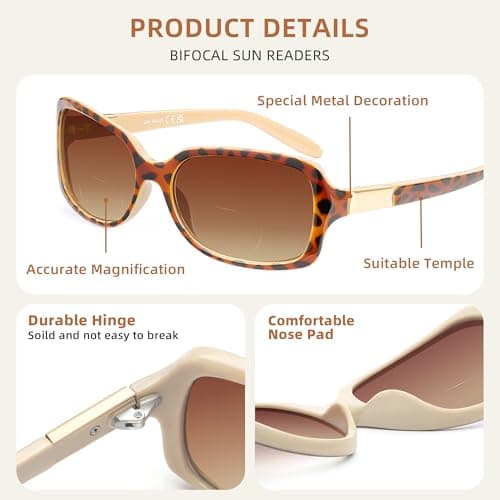 JM Classic Bifocal Reading Glasses Square Stylish Gradient Sunglasses Readers for Women +1.75 Black&Tortoise — view 3