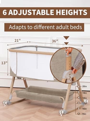 Baby Bassinet, Basinet Bedside Sleeper with Waterproof Bassinet Sheets and Soft Mattress, Safe Adjustable Height Bedside Bassinets with Wheels, Girl/Boy Bassinets, Jestonten (Khaki) — view 5