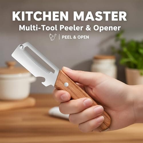 Sakerplus Multifunctional Vegetable Peeler with Wooden Handle and Bottle Opener, 2-in-1 Stainless Steel Blade, Contour-Flow for Kitchen Prep, Camping, Apple Potato Pumpkin Papaya Peeling — view 2