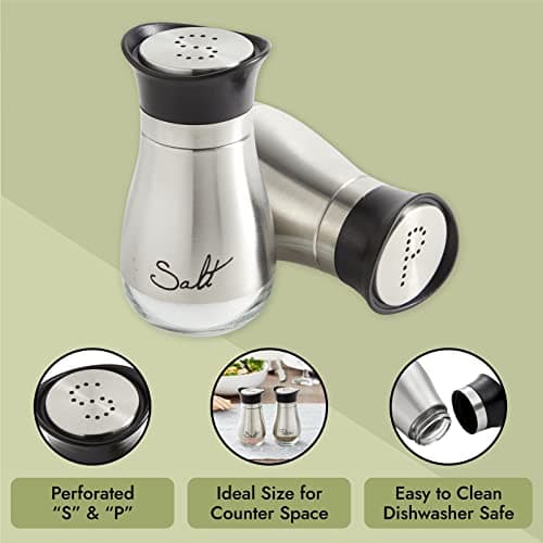 Stainless Steel Salt and Pepper Shaker Set with Glass Bottom, Perforated "S" and "P" Caps - Modern Kitchen Counter Decor (4oz) — view 3