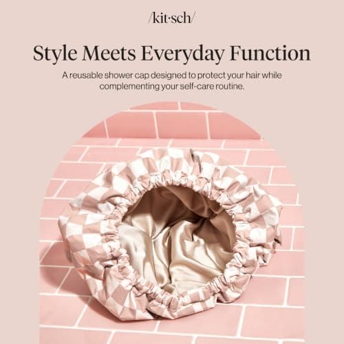 Kitsch Luxury Satin-Lined Flexi Shower Caps for Women Reusable Waterproof - Large Wide Shower Cap for Women & Men, Adjustable, Stylish Hair Cap for Showers, For Long & Short Hair - Terracotta Checker — view 7