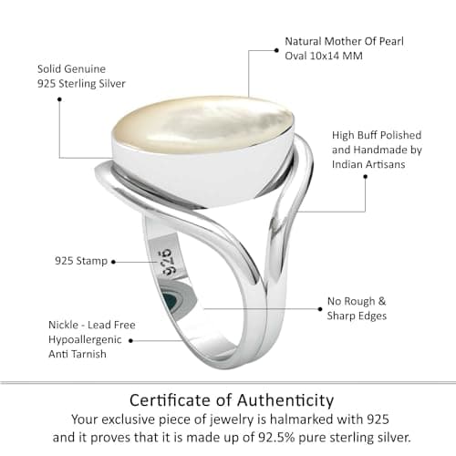 JEWELOPORIUM White Mother Of Pearl Silver Ring Size 8, 925 Sterling Silver Ring for Women, Genuine Oval Stone Handmade Jewelry — view 3