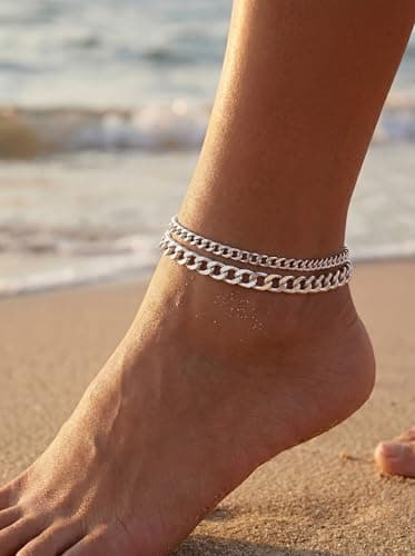 Tewiky Chunky Ankle Bracelets for Women,Dainty Layered Waterproof Anklet for Women Adjustable Cuban Set Stackable Cute Summer Beach Jewelry Gift — view 2