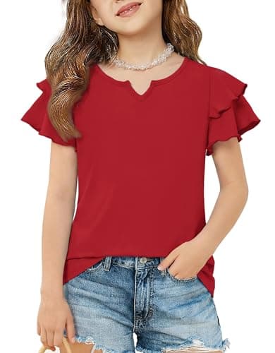 Arshiner Girls Red Shirts Little V Neck Tops Ruffle Sleeve Girl Clothes Casual Blouses for Kids Dressy Summer Soft Tee 7-8 Years