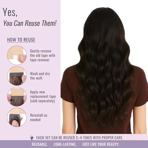 Fshine Tape in Hair Extensions Dark Brown Tape Human Hair Extensions 18 Inch Seamless Skin Weft Double Sided PU Glue in Extensions Invisible 50 Grams — view 6