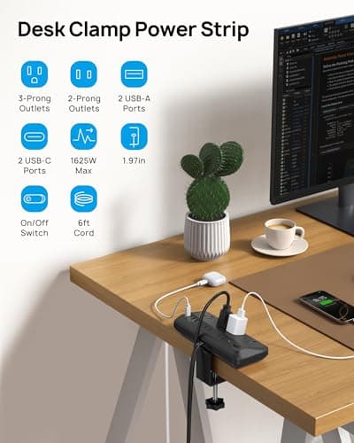 TROND Desk Clamp Power Bar Surge Protector with PD 20W USB C, 6 Outlets Desktop Charging Station, 6ft Flat Plug Extension Cord Indoor, Fit 1.97" Tabletop Edge, ETL Listed, Home Office Supplies, Black — view 2
