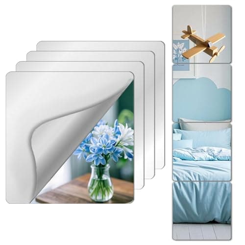 Unbreakable Mirror Tiles, 4PCS 12”x12” Peel And Stick on Mirror for Wall Mirrors Decorative, Toddlers for Kids Bedroom, Plastic Gym Frameless Door Small Adhesive Mirrors for Classroom Decor Stickers