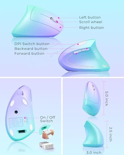 Lekvey Ergonomic Mouse, Vertical Wireless Mouse, Rechargeable 2.4G Optical Carpal Tunnel Mice: 800/1200 / 1600 DPI, 6 Buttons, for Laptop, PC, Mac, Computer, Desktop, Notebook etc, Green Purple — view 5