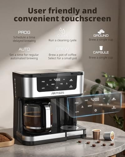 AIRMSEN 12-Cup Programmable Dual Coffee Maker – Single Serve Machine for K-Cup Pods & Ground, 1000W Fast Brew, Delay Start, 2H Keep Warm, Touchscreen, 60oz Tank, Glass Carafe – Home & Office — view 5