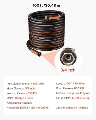 VEVOR Garden Hose, 100 ft 5/8" Heavy Duty 4-Layer Rubber Water Hose, 150PSI Working & 600PSI Burst, Flexible & Non-Kink Outdoor Waterhose with 3/4" Fitting, Lightweight Hoses for Gardening Cleaning — view 6