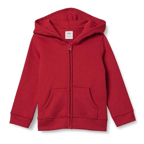 Amazon Essentials Girls' Fleece Zip-Up Hooded Sweatshirt with Lined Hood and Rib Knit Detail, Red, Small