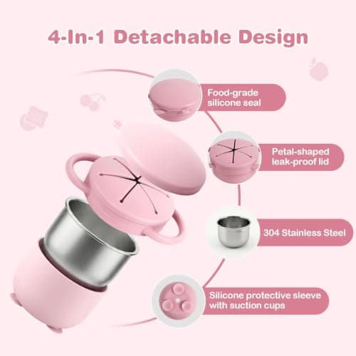 Daximo 2 Pack Toddler Snack Cups with Suction Base — 4-in-1 Detachable Stainless Steel Cups, Snack Cups for Toddlers Spill Proof with Silicone Lids & Handles (Matte Off White and Matte Pink) — view 4