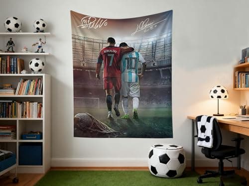 Lionel Messi & Cristiano Ronaldo World Cup Soccer Superstar Wall Tapestry: HD Fade-Resistant Polyester with 4 Corner Grommets - Hanging Poster for Boys’ Bedroom & Fan Decor, 35.4 x 47.2 Inches (Red-Blue) — view 7