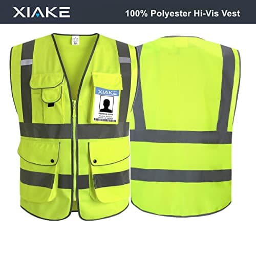 XIAKE 9 Pockets Class 2 High Visibility Reflective Safety Vest for Men Women,Meets ANSI/ISEA Standard(Yellow,Large)