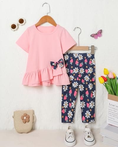 SOLOYEE Toddler Girl Clothes 3T 4T Girls Outfit, Short Sleeve Ruffle Top with Bowknot + Floral Print Capri Pants 2Pcs Spring Summer Clothing Set — view 5