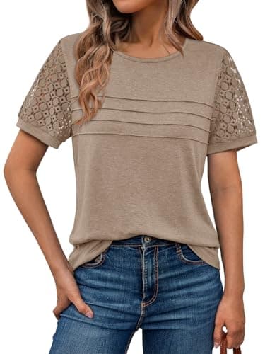 AUTOMET Short Sleeve Tops for Women Summer Shirts 2026 Fashion Teacher School Work Blouses Dressy Casual Outfits Lace Trendy Top Cute Plus Size T Shirt Business Spring Clothes Khaki L