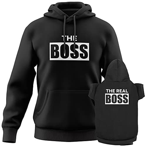 Funny Matching Dog and Owner Outfit Sweater - The Boss The Real Boss Pet & Owner Matching Hoodie Sweatshirt Cute Dog Clothes - Black/L Human | L Dog