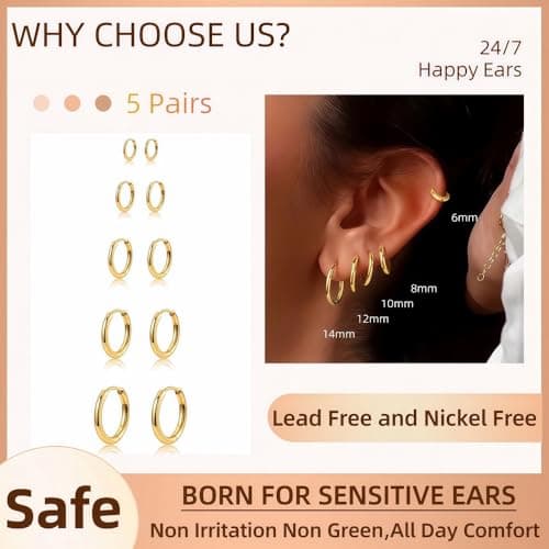 5 Pairs Small Gold Huggie Hoop Earrings Set Women 14K Gold Plated Cartilage Earrings Hypoallergenic Lightweight Stainless Steel Earrings 2nd 3rd Hole Cute Multiple Piercing Stack Jewelry Trendy Gift