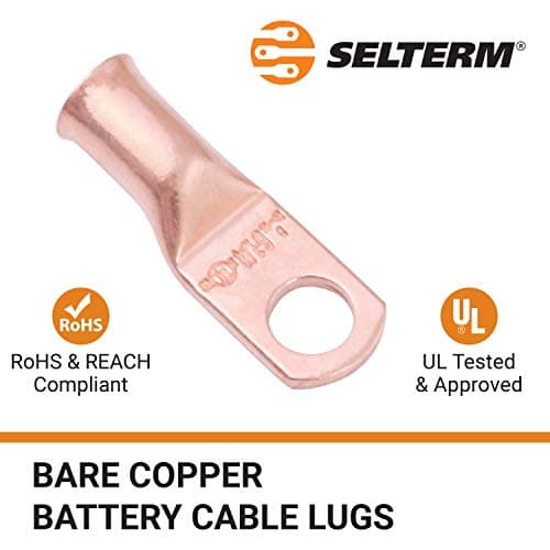 SELTERM 10pcs 6 AWG - 1/4" Stud - Battery Lugs, Heavy Duty Wire Lugs, Ring Terminals, Battery Cable Ends,6 Gauge Terminals, UL Bare Copper Eyelets Electrical Battery Terminal Connectors — view 2