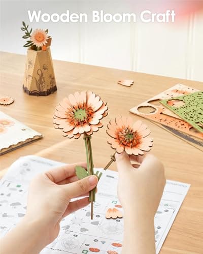 rowood 3D Puzzles for Adults,DIY Wooden Flower Building Craft Kits for Women,Christmas/Birthday Gift- Orange Gerbera Daisy — view 5