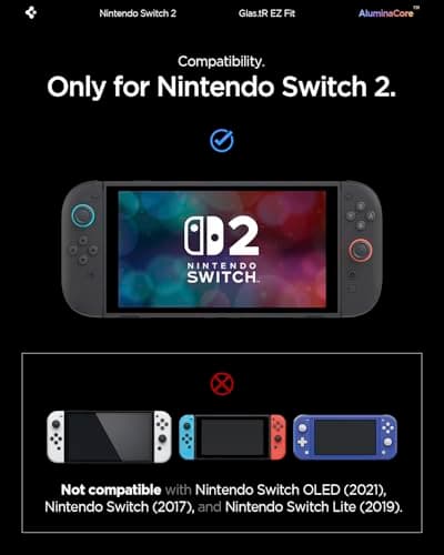 Spigen AluminaCore Screen Protector Tempered Glass [GlasTR EZ Fit] designed for Nintendo Switch 2 [2 Pack] 10H Hardness, Aluminum-Enhanced Durability