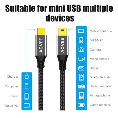 AGVEE 6.6ft USB-C to Mini USB Cable, Mini-B 5-Pin Data Charger Cord — view 4