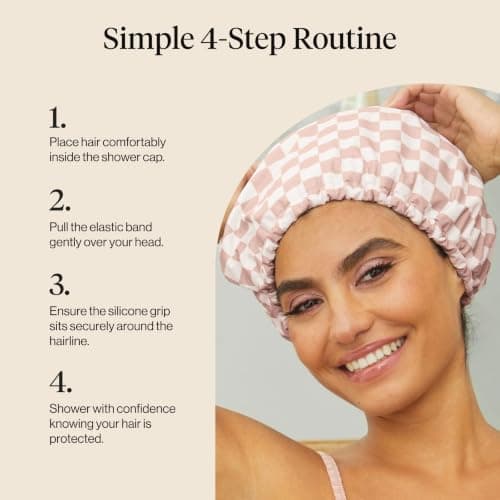 Kitsch Luxury Satin-Lined Flexi Shower Caps for Women Reusable Waterproof - Large Wide Shower Cap for Women & Men, Adjustable, Stylish Hair Cap for Showers, For Long & Short Hair - Terracotta Checker — view 6