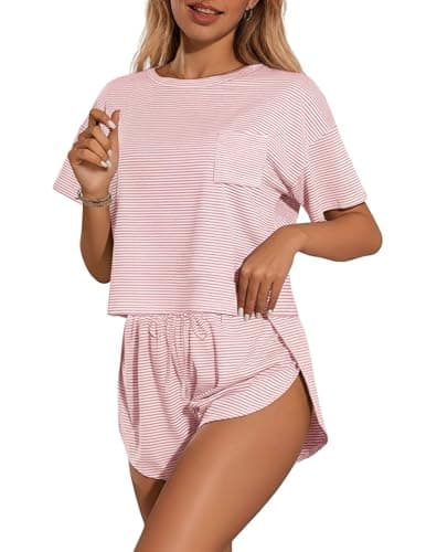 Ekouaer Womens Striped Pajama Sets Sexy Lounge Sets Side Split Short Pj Sets Cute Pjs 2 Piece Comfy Sleepwear Loungewear Pink and White Stripes Medium — view 3