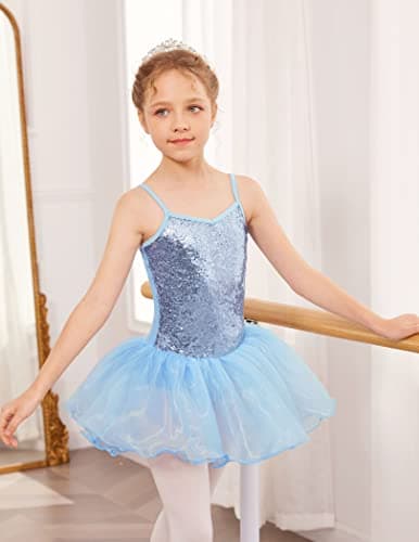 Zaclotre Girls Sequin Leotard Sparkly Strap Ballet Skirted Leotards Tutu Dress Ballerina Outfit Dance Costume Blue Size 8-9 Years
