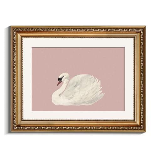VIYYIEA Gold Framed Wall Art, Swan Pink Canvas Print Home Decor Vintage Art Painting Picture Bathroom Wall Decor, Animals Artwork for Living Room Bedroom Kitchen Office - 14L x 11W