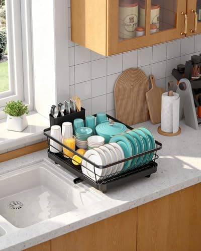 Sakugi Dish Drying Rack - Compact Dish Racks with Drain Board for Kitchen Counter, Durable Stainless Steel Dish Rack Used in Sink & on Countertop, Dark Black, Large — view 7