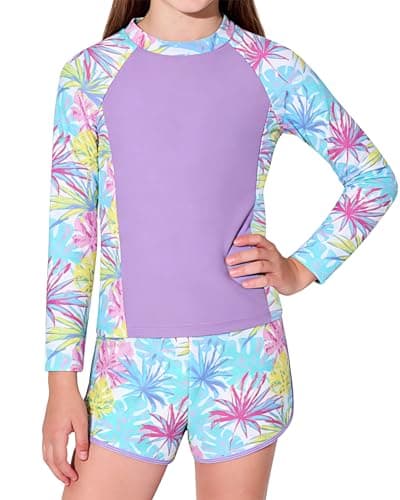 Ghteas Girls Swimming Set with Swim Trunks Long Sleeve Rash Guard Swimsuit 2 Pieces Bathing Suit for Beach Trip Holiday Youths Girls Swimwears 13-14 Years Purple