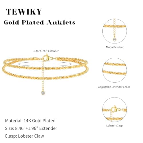 Tewiky 14K Gold Plated Ankle Bracelets for Women, Dainty Layered Waterproof Anklet for Women Adjustable Sparkly Chain Set Stackable Summer Beach Jewelry Gift — view 4